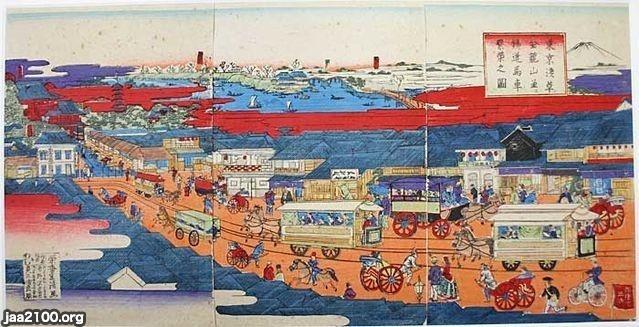版画 東京浅草金龍山並ニ鉄道馬車繁栄之図 栄斎重清画 明治十五年 T795 版画 東京浅草金龍山並ニ鉄道馬車繁栄之図 栄斎重清