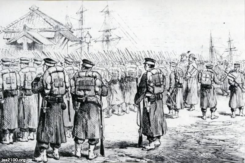 陸海軍（明治10年）▷西南戦争で待命中の兵士（横浜港