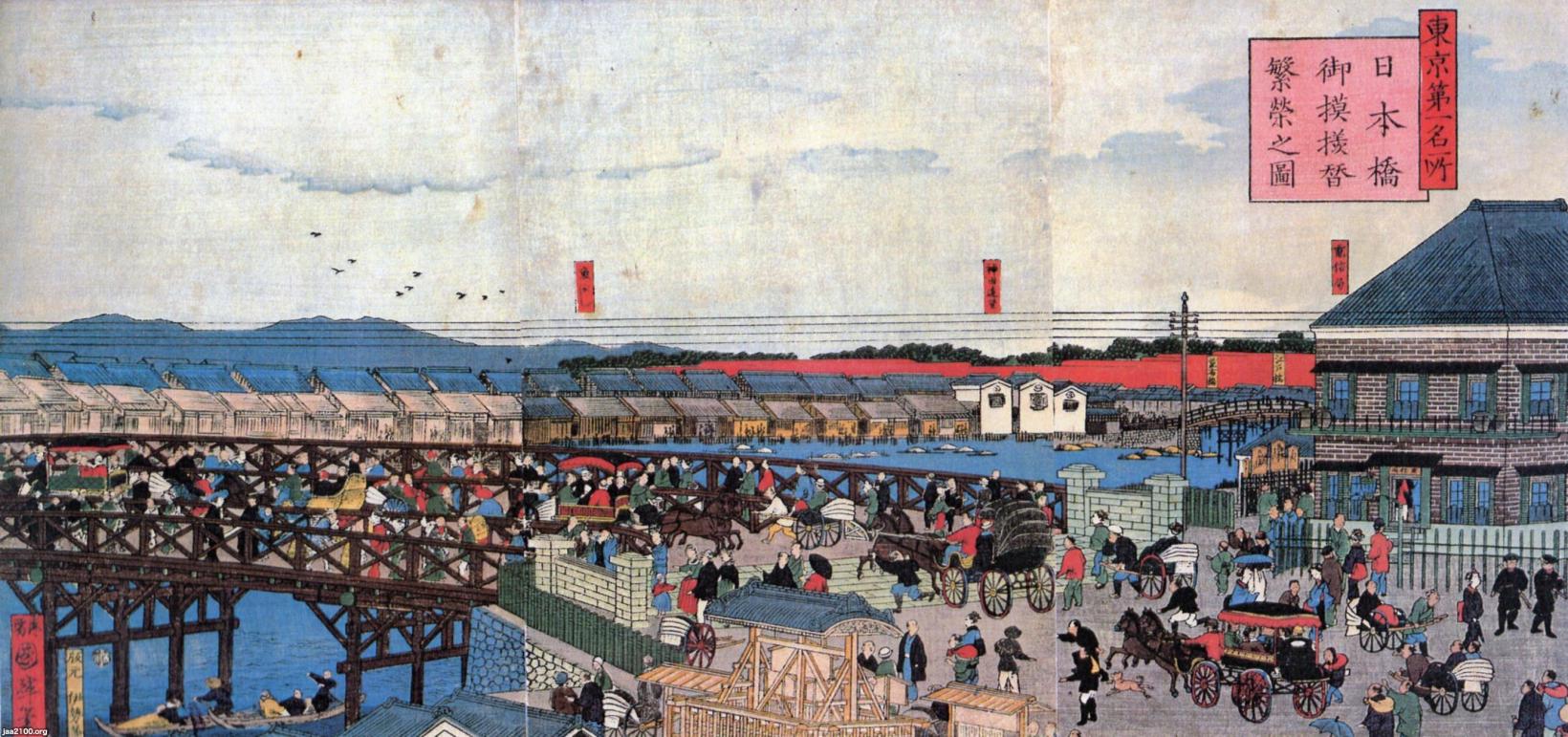 東京・日本橋（明治6年）▷日本橋の南詰から北詰東の魚河岸
