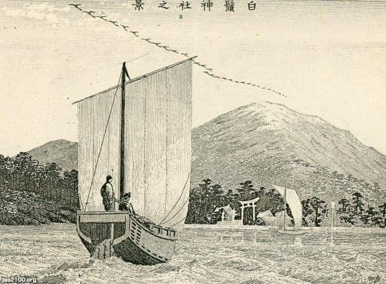 船（明治22年）▷帆かけ船と白髭神社 | ジャパンアーカイブズ - Japan