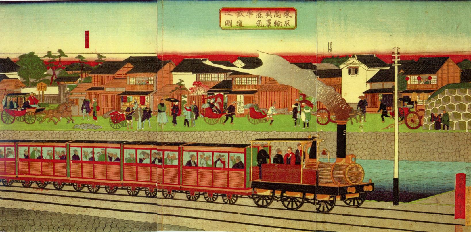 官設鉄道（明治6年）▷海岸沿いの高輪を走る蒸気機関車